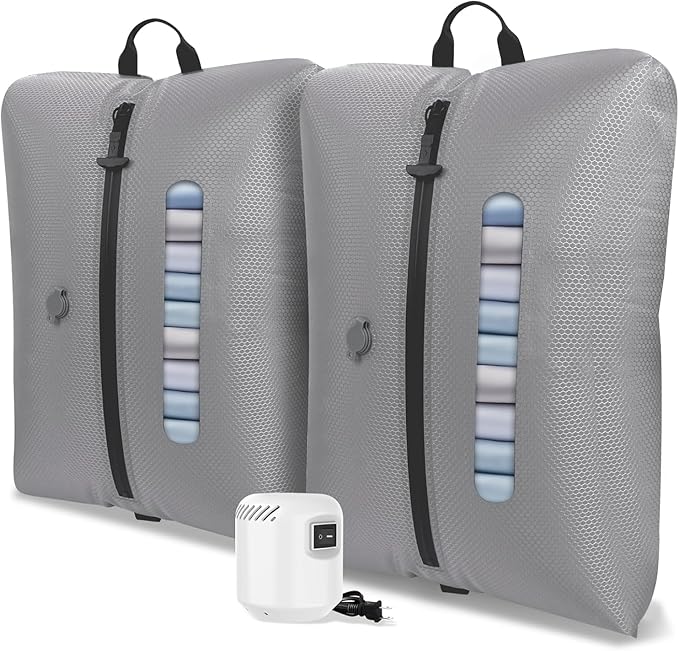 AIDONS Vacuum Bags for Travel with See-Through Window & 5KPa Pump Space Saver Vacuum Seal Bags for Clothing Travel IP67 Reusable Packing Organizers for Luggage, Backpack, Suitcase Grey 2PC+Pump