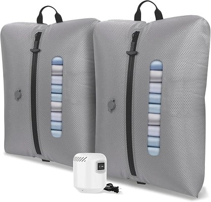 AIDONS Vacuum Bags for Travel with See-Through Window & 5KPa Pump Space Saver Vacuum Seal Bags for Clothing Travel IP67 Reusable Packing Organizers for Luggage, Backpack, Suitcase Grey 2PC+Pump