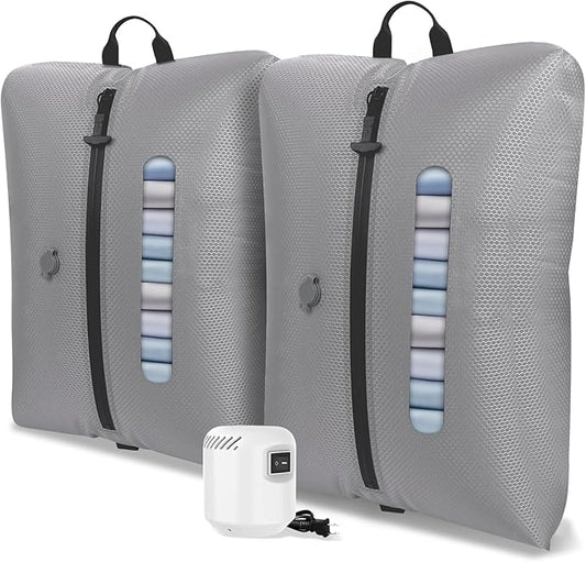 AIDONS Vacuum Bags for Travel with See-Through Window & 5KPa Pump Space Saver Vacuum Seal Bags for Clothing Travel IP67 Reusable Packing Organizers for Luggage, Backpack, Suitcase Grey 2PC+Pump