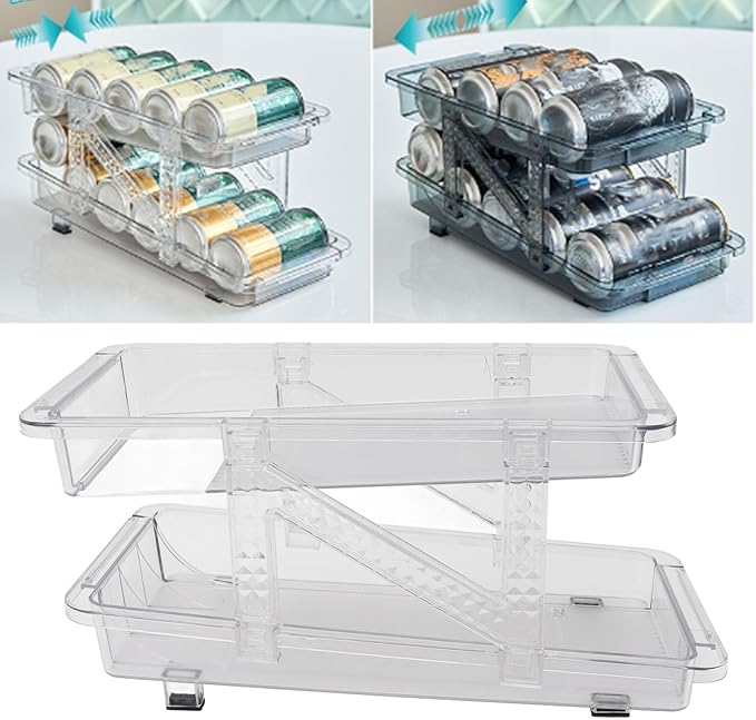 2 Tier Clear Retractable Beverage Dispenser Rolling Soda Can Organiser Adjustable Width Soda Can Organizers for Fridge Pantry Cabinet Countertop
