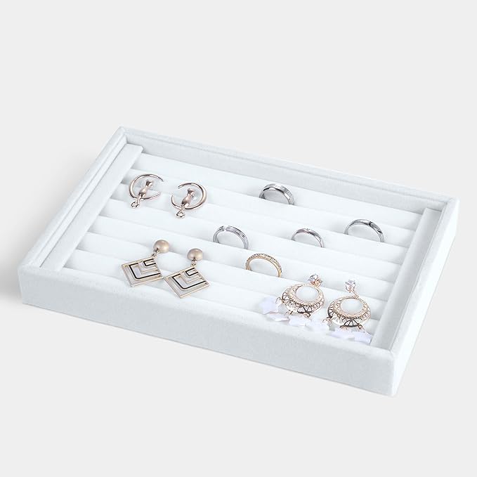 Valyria Velvet 7 Slots Ring Earrings Trays Showcase Display Jewelry Organizer (White)