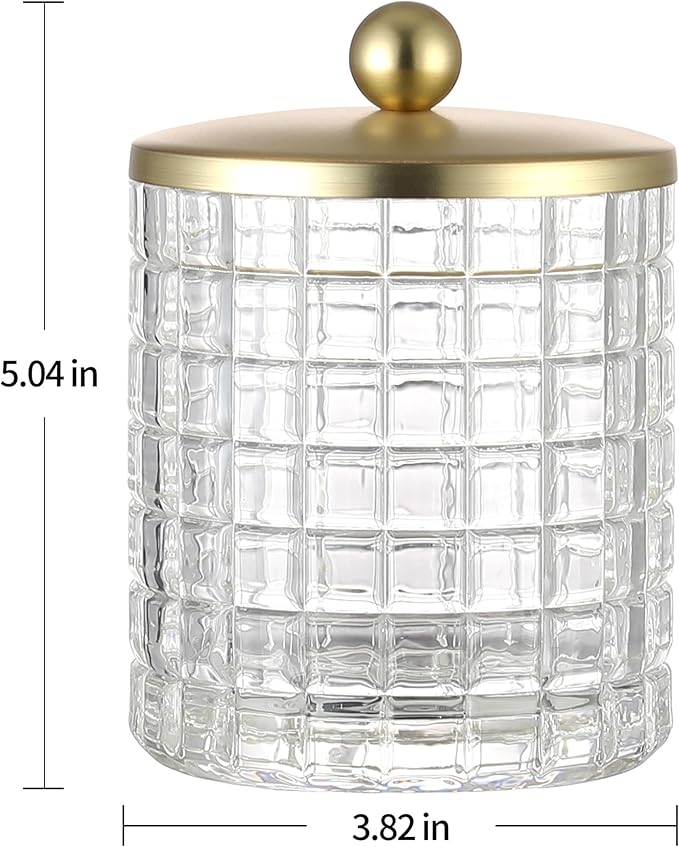 Indecor Home Clear Tranparent Apothecary Etched Geometric Grid Glass Jar W/Gold Metal Lid Cover for Bathroom Organization, Cotton Balls, Q Tips, and Small Accessories, Bathroom Storage