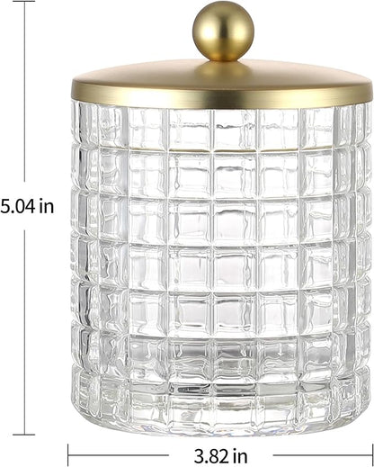 Indecor Home Clear Tranparent Apothecary Etched Geometric Grid Glass Jar W/Gold Metal Lid Cover for Bathroom Organization, Cotton Balls, Q Tips, and Small Accessories, Bathroom Storage