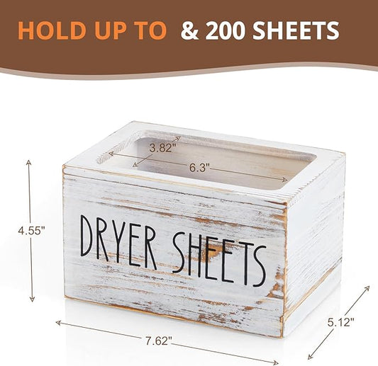 Dryer Sheet Holder, White Washed Wood Laundry Sheets Container, Laundry Room Organization and Storage for Farmhouse Laundry Room Decor and Accessories, Fabric Sheet Dispenser