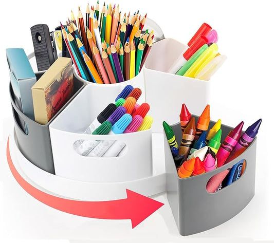 Rotating Art Supply Organizer Storage Caddy for Kids, 7 Bins Craft Crayon Marker Organizer for School Desk, Lazy Susan Pencil Holder for Classroom Organization, Homeschool Supplies