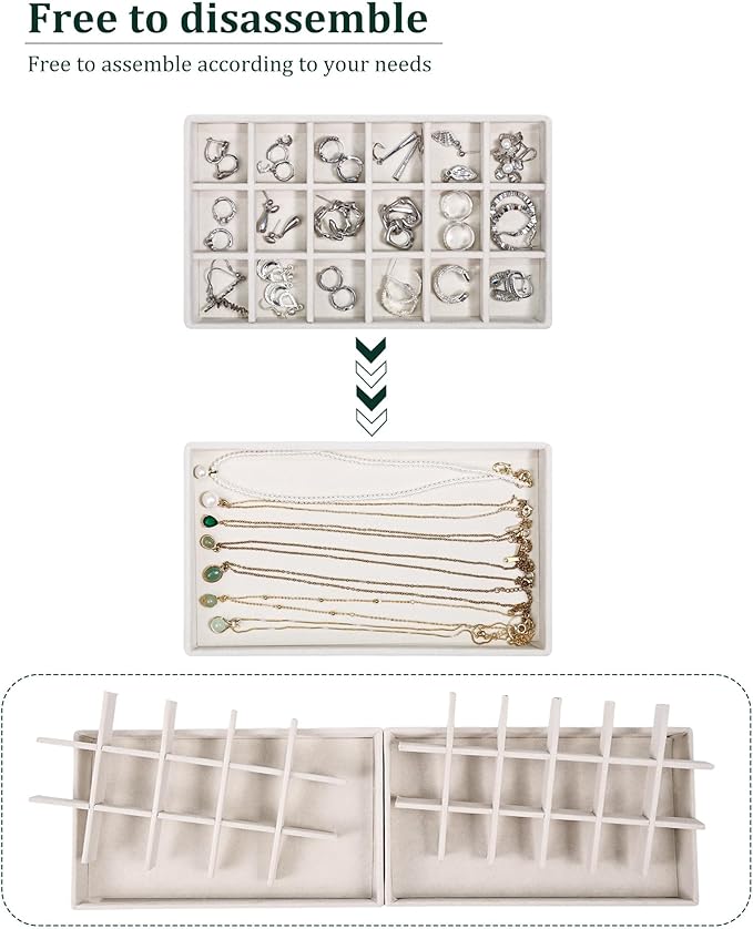 Teppdfann Stackable Jewelry Organizer Trays with Removable Dividers, 2-Tray Beige Jewelry Drawer Organizer Set for Earrings, Necklaces, Rings & Bracelets Gift for Her