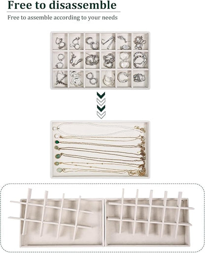 Teppdfann Stackable Jewelry Organizer Trays with Removable Dividers, 2-Tray Beige Jewelry Drawer Organizer Set for Earrings, Necklaces, Rings & Bracelets Gift for Her