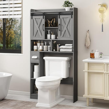 Farmhouse Over The Toilet Storage Cabinet with Sliding Door & Toilet Paper Holder Stand, Space-Saving for Bathroom & Restroom, Wash Grey