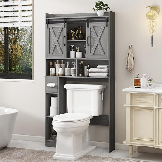 Farmhouse Over The Toilet Storage Cabinet with Sliding Door & Toilet Paper Holder Stand, Space-Saving for Bathroom & Restroom, Wash Grey
