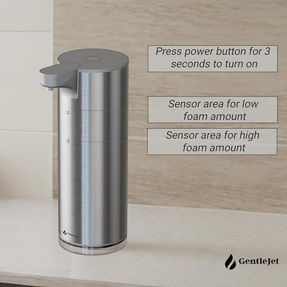 GentleJet EasyFoam Automatic Foaming Soap Dispenser - Touchless Motion Sensor, Rechargeable USB-C, 2 Foam Levels, Stainless Steel, IPX5, 9.5oz Hand Soap Dispenser for Bathroom & Kitchen (Silver)