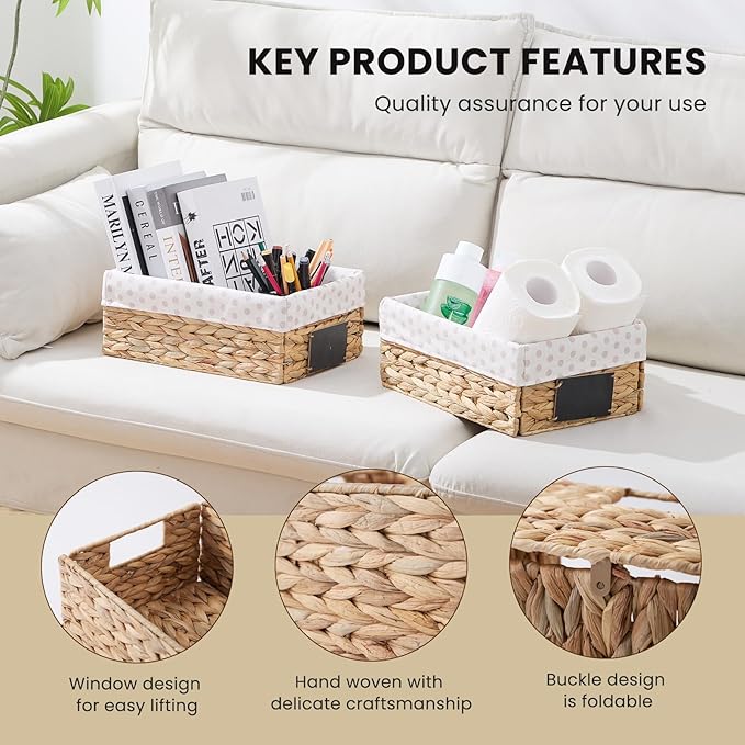 rectangular hyacinth wicker baskets with liners for storage, kitchen, laundry 12x9x5 iNCHES (Natural, 12x9x5 Inches)