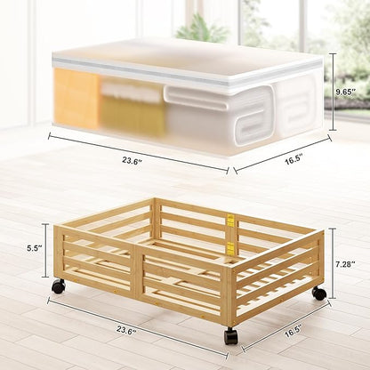 Wisuce Home Under Bed Storage Containers With Wheels - 2 Pcs Bamboo Wood Rolling Underbed Shoe Storage Bins With Dust Bags for Clothes Blankets, Duvet Covers Snacks Toys (Natural)
