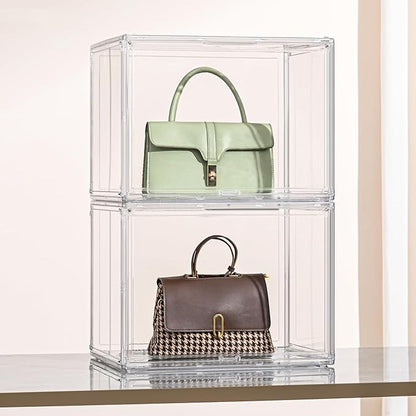 VGLXTRNT 4 Pack XXX-Large Clear Display Case 17.7" x 13" x 13" Extra Large Display Organizer Box with Magnetic Door, Stackable Acrylic Storage Bin for Boots, Shoes, Collectibles, Bags, Figures