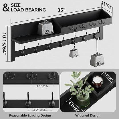 AMBIRD 35 inch Wall Hooks with Shelf, Coat Rack Wall Mount, Large Coat Hanger for Wall, Entryway Shelf with 7 Dual Coat Hooks, 4 Key Hooks and Mail Organizer, Wooden Key Holder Rack (Black)