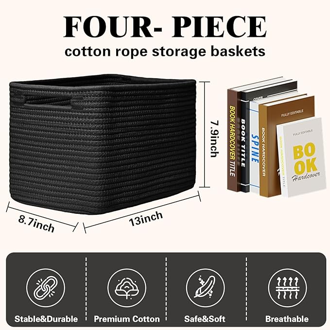 Storage Baskets for Organizing, 4 Pack Storage Baskets for Shelves, Woven Basket for Shelves, Closet Organization, Rectangle Organizer Basket Gifts Empty, 13"Lx8.7"Wx7.9"H Decorative Bins with Handles
