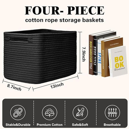 Storage Baskets for Organizing, 4 Pack Storage Baskets for Shelves, Woven Basket for Shelves, Closet Organization, Rectangle Organizer Basket Gifts Empty, 13"Lx8.7"Wx7.9"H Decorative Bins with Handles