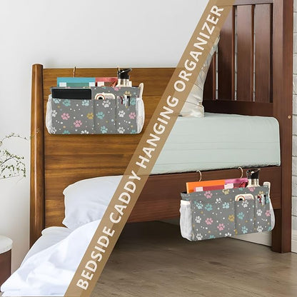 CuwrYet Bedside Caddy Hanging Bunk Bed Caddy Bed Organizer Hanging Pocket with 2 Hooks Bedside Storage Organizer Pocket Bag Holder Paw Print Dots Stars Grey