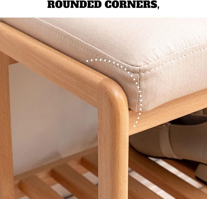 Shoe Bench with Cushion, Solid Wood Shoe Bench Fully Assembled, Modern Shoe Rack Bench for Entryway, Living Room, Bedroom, Hallway, 11.8" x 23.6" x 16.5", Natural