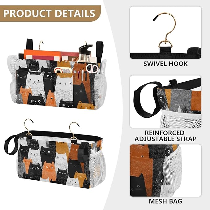 CuwrYet Bedside Caddy Hanging Bunk Bed Caddy Bed Organizer Hanging Pocket with 2 Hooks Bedside Storage Organizer Pocket Bag Holder Black and White Orange Cat