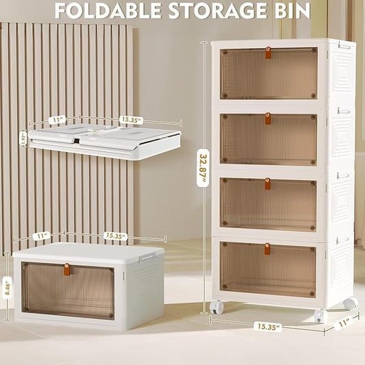4 Tier Plastic Storage Bins with Lid 24QT, Stackable Storage Containers with Wheels, Folding Storage Boxes, Collapsible Storage Bins, Closet Organizers and Storage for Living Room,Office,Dorm