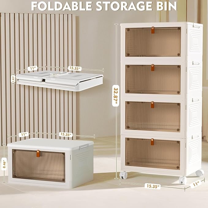 4 Tier Plastic Storage Bins with Lid 23QT, Stackable Storage Containers with Wheels, Folding Storage Boxes, Collapsible Storage Bins, Closet Organizers and Storage for Living Room,Office,Dorm