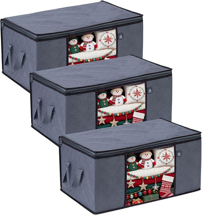VENO 3 Pack Extra Large Clothes Blanket Storage Bag, Christmas Ornament Storage Container Bins for Holiday Decor for Comforters Bedding, Foldable with Sturdy Zipper, Handle, Clear Window (24 Gallon)