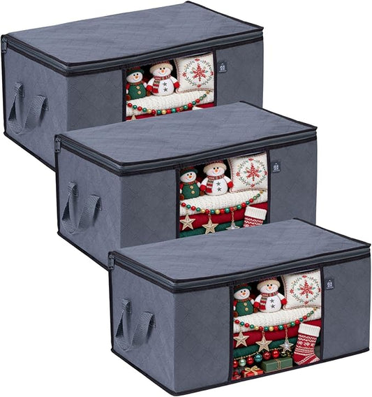 VENO 3 Pack Extra Large Clothes Blanket Storage Bag, Christmas Ornament Storage Container Bins for Holiday Decor for Comforters Bedding, Foldable with Sturdy Zipper, Handle, Clear Window (24 Gallon)