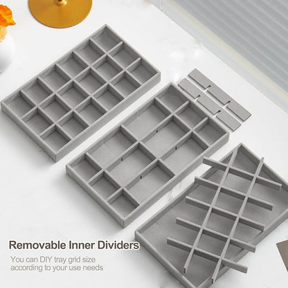 SPAKOWN Jewelry Organizer for Drawer Set of 9, Velvet Jewelry Tray Stackable Jewelry Organizer Display Trays Divided Earring Storage Containers (Grey)