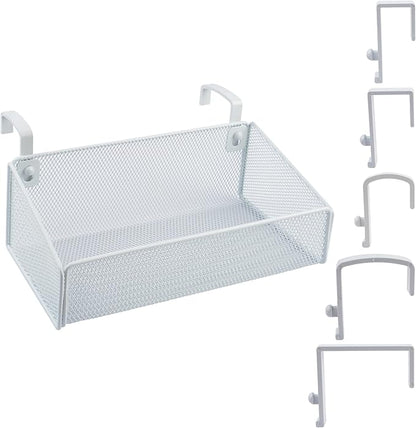 MATIMASU Bedside Shelf for Bed & Bunk Bed Storage Basket Office Cubical Wall Hanging Organizer - 5 Different Size Hooks - College Dorm Home Office Essentials for Phone,Book,Drink,Tissue (White)