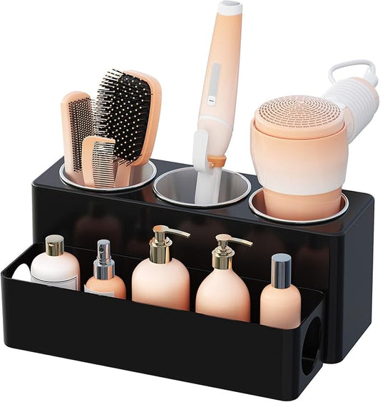 Lifewit Hair Tool Organizer Countertop, Removable Blow Dryer Holder for Bathroom Vanity, Acrylic Hot Tools Organizer Storage for Hair Dryer, Curling Iron, Brush, Straightener, 3 Stainless Cups, Black
