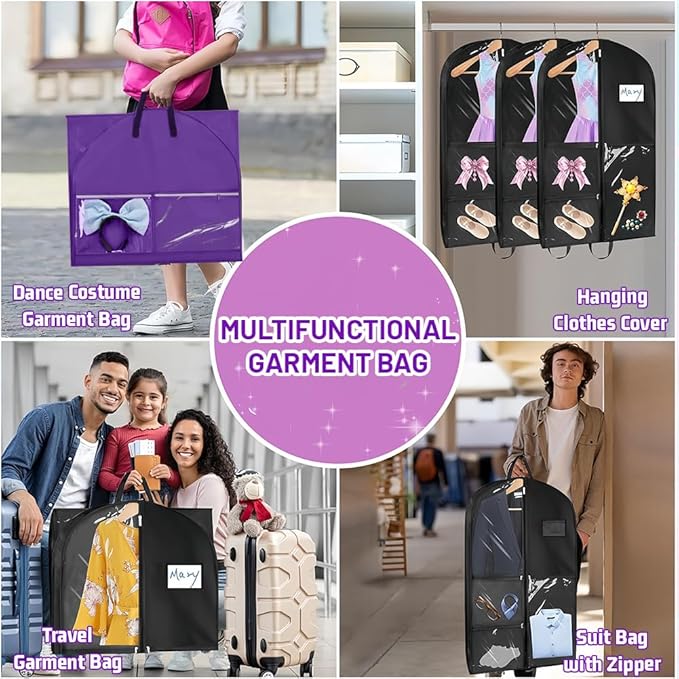 Dance Garment Bag with Zipper, 40 inch Garment Bags for Hanging Clothes, Kids Dance Recital Bags, Cheer Uniform Garment Bag for Wardrobe and Travel, Purple