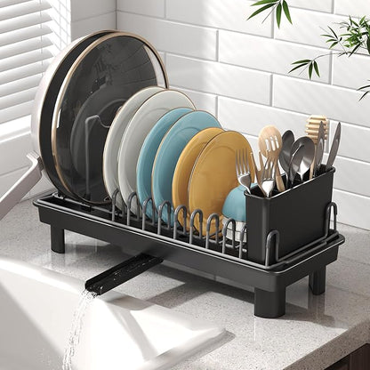 Nfnoyp Small Dish Drying Rack, Carbon Steel Dish Rack Rustproof for Kitchen Counter, Compact Space-Saving Dish Drainer with Adjustable Slots for Small Kitchens & Apartments, 16.5×6.5×7inch, Black
