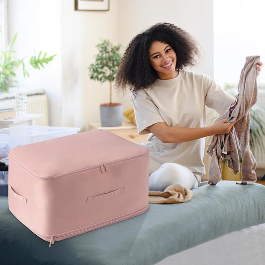 HEVOY Ultra Space Saving Self Compression Organizer, Self Compression Storage Bags, Foldable Closet Organizers Storage Tote, Moving Bag Containers with Handle for Comforters, Blankets (Pink, Large)