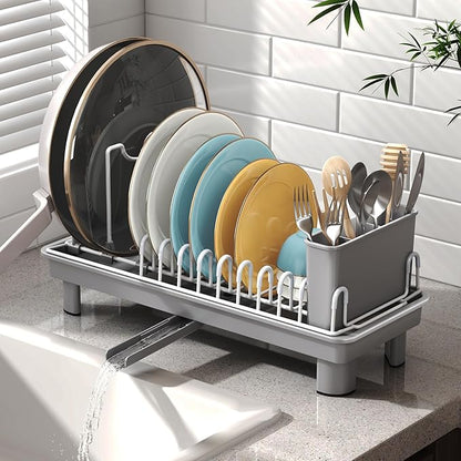 Nfnoyp Dish Rack, Carbon Steel Small Dish Drying Rack Rustproof for Kitchen Counter, Compact Space-Saving Dish Drainer with Adjustable Slots for Small Kitchens & Apartments, 16.5×6.5×7inch, Grey