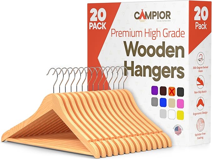 Natural Wooden Hangers 20 Pack – Heavy-Duty with 360° Swivel Hook, Non-Slip, Pants Bar & Shoulder Grooves - Wooden Hangers for Suits, Jackets, Dresses & Camisoles, Space-Saving and Smooth Finish