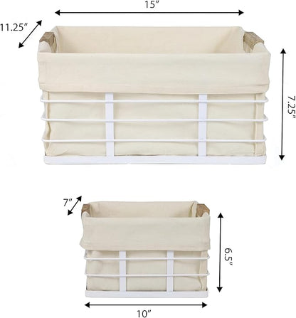 happimess BSK3002B-3SET Callan Vintage Industrial Wire Metal Nesting Storage Baskets with Wood Handles and Fabric Liner for Shelves, Cabinets, Pantry, Countertop, Mesh Open Bin, White (Set of 3)