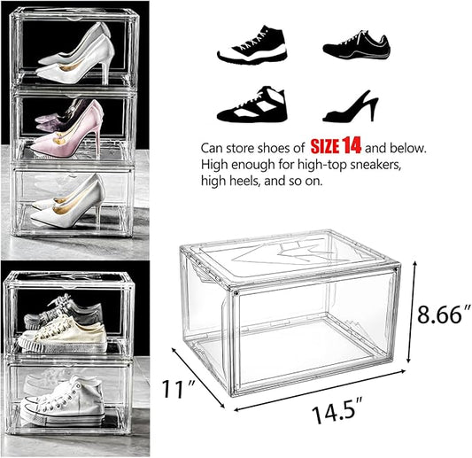 STAHMFOVER Clear Shoe Box Stackable Plastic Sneaker Box Container, Magnetic Side Open Shoe Organizer and Shoes Storage Case, Full Transparent Versatile Display Case for Hats/Models