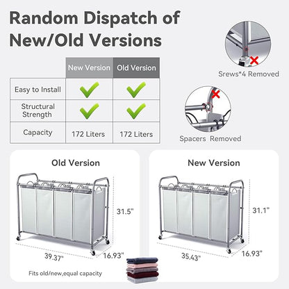 ROMOON Laundry Hamper Sorter Cart: 4-Section Organizer with Heavy-Duty Lockable Wheels and Removable Bags | 172L Rolling Laundry Basket for Dirty Clothes in Laundry Room or Small Spaces (Gray)