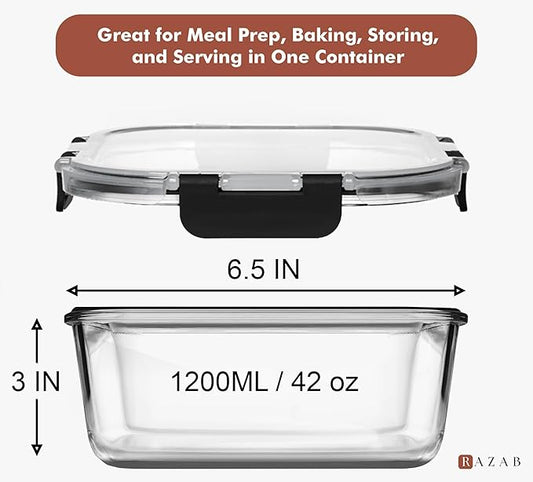 Razab 2 PC 1200ML / 41 Oz Glass Food Storage Containers with Lids - Airtight & Leakproof - Microwave/Oven/Freezer Safe - BPA Free - Ideal for Meal Prep, Storing Leftover & Lunch