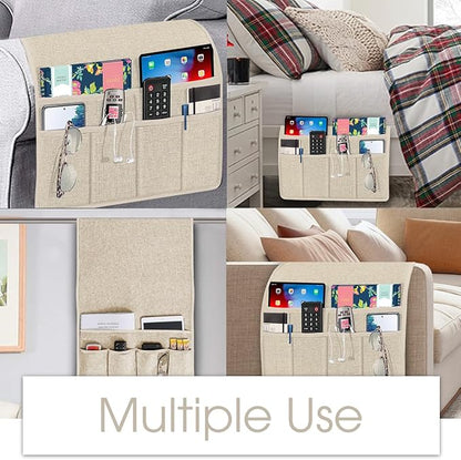 Joywell Beige Remote Control Holder Recliner Armchair Caddy Couch Caddy Sofa Armrest Organizer Linen Fabric Tan Taupe Sofa Arm Chair Caddie with 6 Pocket Storage for Magazine, Tablet, Phone, iPad