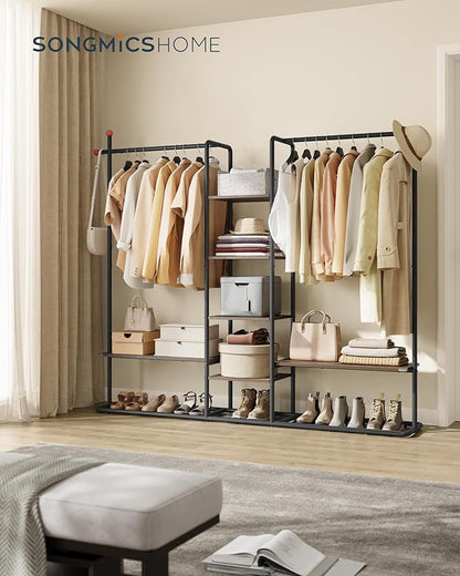 SONGMICS HOME Clothes Rack, Wardrobe, Freestanding Closet, Heavy-Duty Garment Rack, 6 Storage Shelves, 2 Hanging Rails, 64.4 x 13.3 x 69 Inches, Natural Walnut and Ink Black URGR012B01