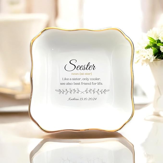 HatafaFurni Personalized Ring Dish Holder for Sister from Sister, Seester Noun Jewelry Dish for Wedding Christmas Birthday Gift, Customized Ceramic Trinket Tray for Bonus Sister, Funny Saying Gifts