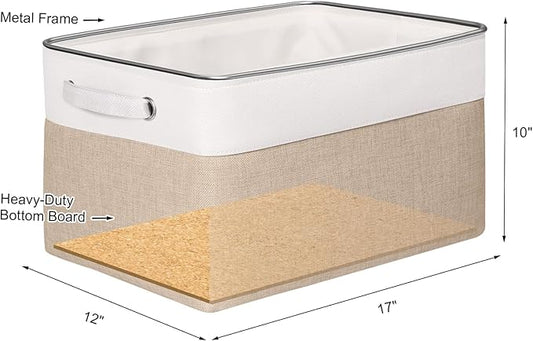 Kntiwiwo Foldable Storage Bin Collapsible Fabric Storage Basket Cube with Durable Handles Closet Organizer Bins for Organizing Shelves Drawers, Set of 3, 17" x 11.8" x 9.8", Beige