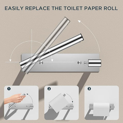 FORIOUS Toilet Paper Holder, Adhesive or Wall Mounted Options, Stainless Steel Rustproof Stick on no Drilling Double Post Pivoting Toilet Tissue Roll Holder Wall Mount for Bathroom, Polished Chrome