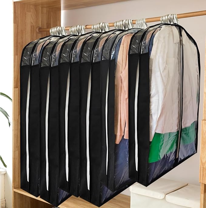 Suit Bags for Closet Storage with 6.3" Gusset, 40" Garment Bags for Hanging Clothes, Clear Side Zipper Suits Dust Proof Covers for Jacket, Coat, Sweater, Shirts, 5 Packs