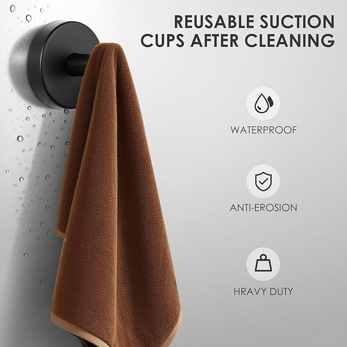 PZTO Suction Cup Hooks:Metal Hanger,for Galss Window Door & Tile Wall,Shower Bathroom Towel Holder Hanging Hook, 2 Pack (Matte Black)