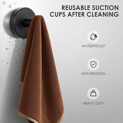 PZTO Suction Cup Hooks:Metal Hanger,for Galss Window Door & Tile Wall,Shower Bathroom Towel Holder Hanging Hook, 2 Pack (Matte Black)