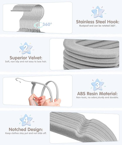 VIS'V Baby Hangers, 11 Inch Velvet Kids Hangers with 6 Pcs Clothes Size Dividers, Infant Toddler Nursery Closet Organization, Non Slip, Gray, 30 Pcs