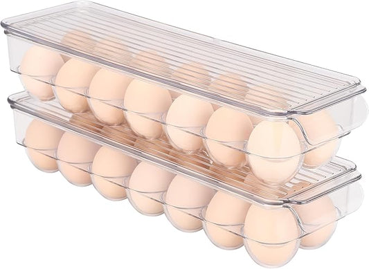 Sea Team Clear Plastic Egg Holder for Fridge, Refrigerator Egg Tray, Stackable Egg Container with Lid, Dispenser for Kitchen Storage and Organizer, Set of 2