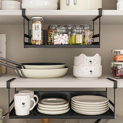 Expandable Under Cabinet Shelf Organizer with 0.94-Inch Thick Clips, Heavy Duty Extendable Under Shelf Storage Basket for Pantry or Laundry Room, Black, 2 Pack, Interior: 4.13" H x 8.54" D